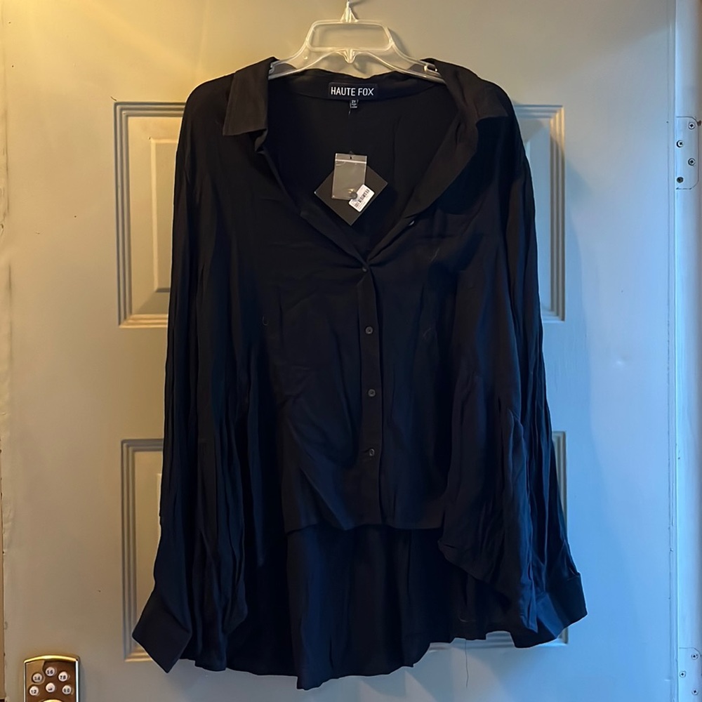 Haute Fox button up high low black blouse